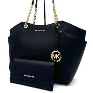 Michael Kors JST Large Chain Shoulder Tote Bag & Trifold Wallet Black/Gold